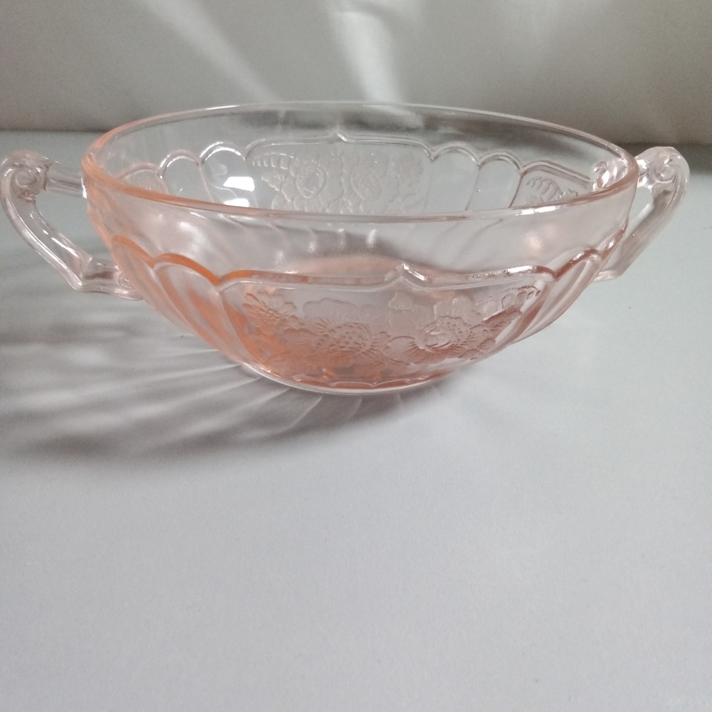 Vintage Pink Depression Glass Floral Etched Double Handled Small Serving Bowl